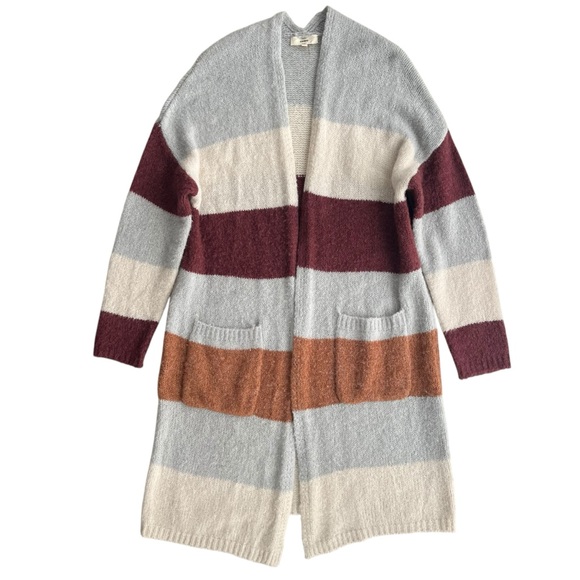 entro Sweaters - Entro Women’s Med Cream Burgundy Colorblock Stripe Open Duster Longline Cardigan